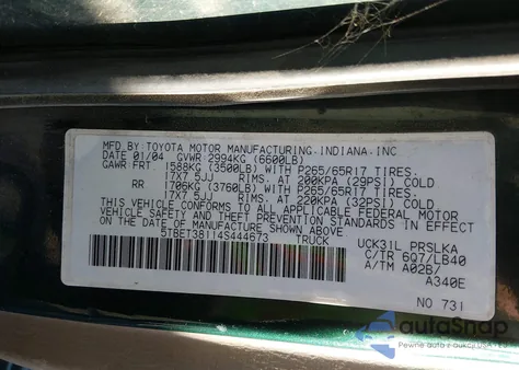 2004 Toyota Tundra Limited V8 z USA, uszkodzony, nr VIN 5TBET38114S444673